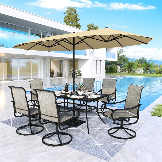 MFSTUDIO Outdoor Dining Set for 6, Patio Furniture Set with Navy Umbrella (Base not Included), Rectangle Metal Table and 6 Swivel Chairs for Patio, Deck, Backyard, Garden