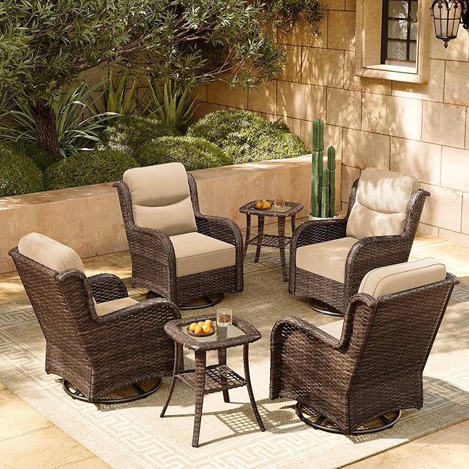 HILLGA 6-Piece Luxury Patio Furniture Set with 6" Thick Cushions, Weather-Resistant Wicker High Back Swivel Rocker Chairs, Senior-Friendly Conversation Set for Small Porch, Deck and Sunroom, Beige(V2)