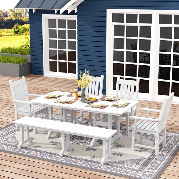 WO Home Furniture Adirondack Patio Dining Chair Table Bench Set of 6 PCS Rectangle Dinner Table Dining Arm-Chairs (White)