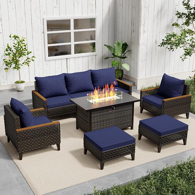 8 Piece Patio Sectional Sofa Set with 50000 BTU Fire Pit Table, All-Weather Wicker Rattan Outdoor Conversation Set, High Back, for Garden, Porch, Poolside, Blue