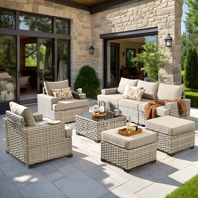 8 Pcs Outdoor Sectional Patio Furniture Set with Ottomans - All Weather Wicker Modular Outside Sectional Couch,Patio Seating Outdoor Conversation Sets for Deck Yard Garden,Beige