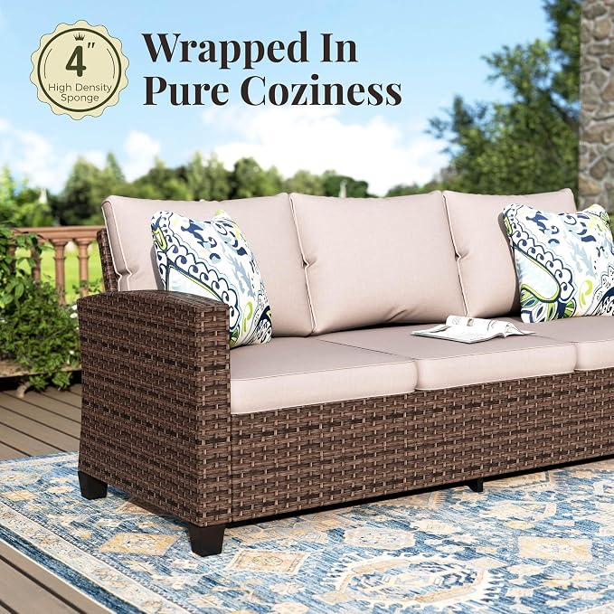MIXPATIO Swivel Glide Outdoor Patio Furniture Set, 6 Pcs Wicker Patio Conversation Set, 2 x Swivel Chairs, 1 x 3 Seater Sofa and 2 x Ottomans with 4" Thick Cushions and 56" Fire Pit Table, Beige