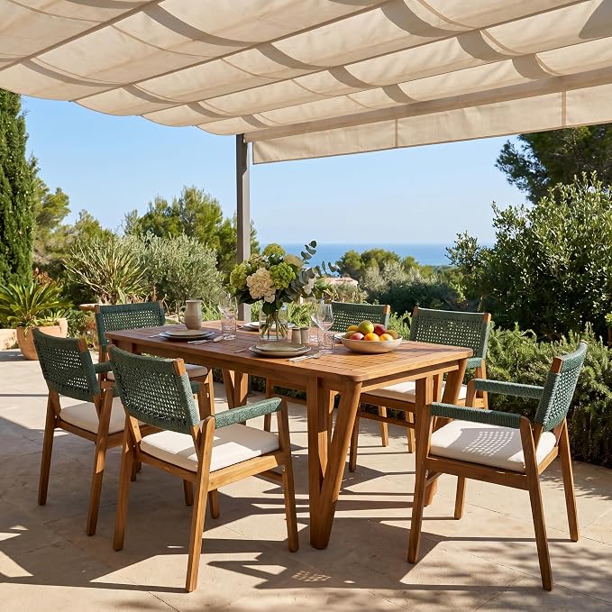 Christopher Knight Home Terri Acacia Wood Patio Dining Set for 6, Solid Wood Outdoor Dining Table Set for 6, 7 Piece Outdoor Dining Set with Rectangular Table and Woven Rope Accents, Teak+Beige+Green