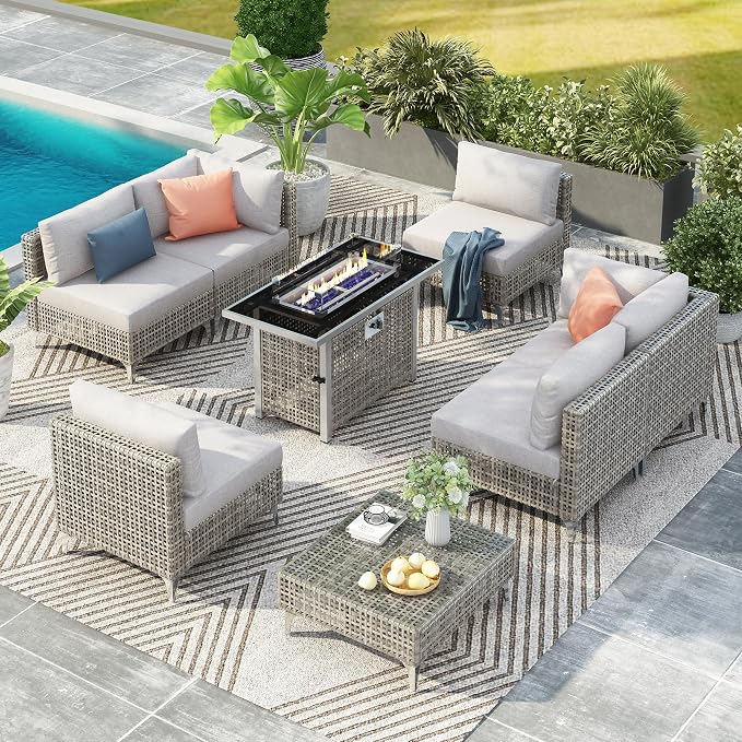 VilroCaz 8-Piece Outdoor Patio Furniture Set, Wicker Sectional Sofa wThick Seat Cushions, All-Weather Conversation Sofa Sets with Coffee Table for Outdoor Couch, Porch, Backyard (Grey-8C)