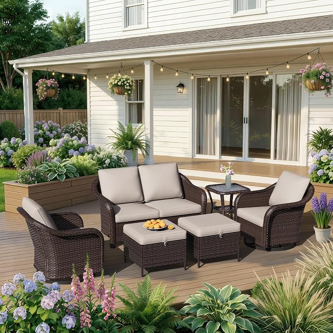 6 Piece Patio Wicker Conversation Set, All-Weather Use Outdoor Wicker Loveseat with 2 PE Rattan Ottomans,2 Swivel Chair, 1 Side Table, Ideal for Porch, Backyard, Balcony, Poolside, Beige