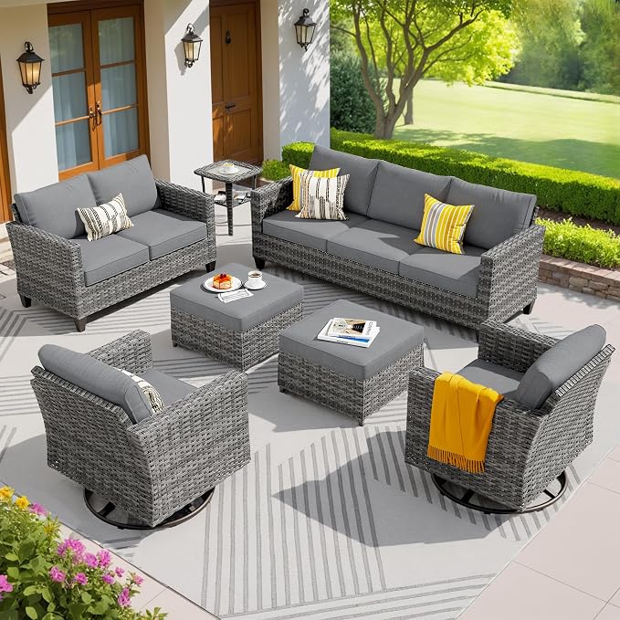 ovios 7 Pieces Patio Furniture Set, Outdoor Wicker Rattan Sofa Couch with Swivel Glider Chairs Loveseat Comfy Cushions Modern Conversation Set for Backyard Porch, Dark Grey