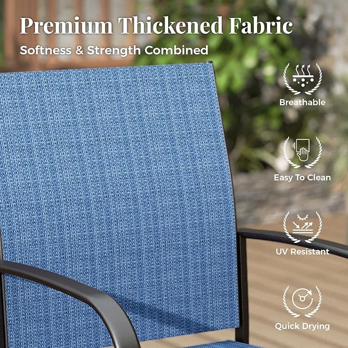MIXPATIO 5 Pieces Patio Table and Chairs Set, 4 Person Outdoor Dining Furniture Set, 4 Blue Textilene Chairs and 37" Wood-Like Table Top Table with Umbrella Hole, for Deck Backyard Lawn