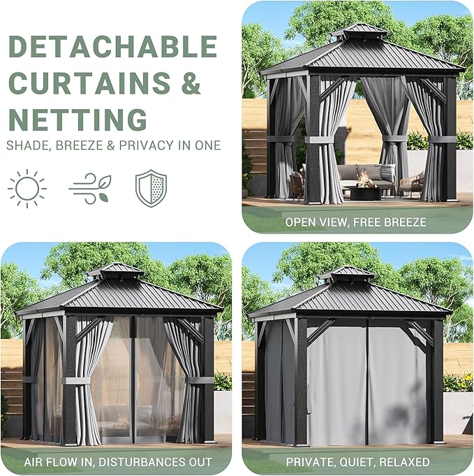 AirWire 8'x8' Gazebo Hardtop Gazebo, Aluminum Pergola with Double Galvanized Steel Roof, Permanent Outdoor Metal Canopy with Curtain and Netting for Patio, Backyard, Deck,Grey