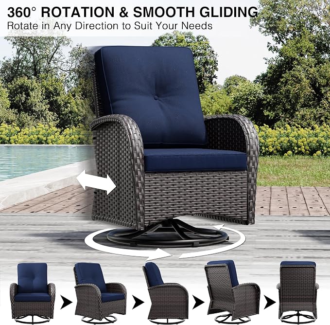 Joyside Outdoor Swivel Rocker Chairs, 3 Piece Wicker Patio Set with Thickened Cushions, High Back, Deep Seating, Wide Armrest, Outdoor Swivel Chairs for Porch, Deck
