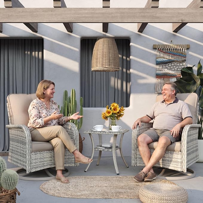 Patio Rocking Swivel Chair Outdoor Wicker Rattan Bistro Set with Tempered Glass Side Table, Outdoor Patio Furniture Set for Garden, Deck, and Balcony, Beige