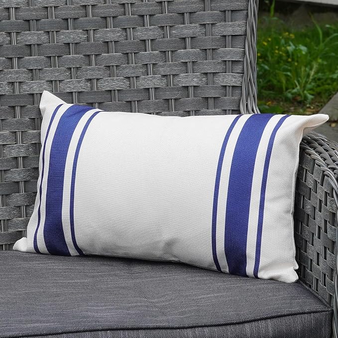 ONWAY Outdoor Pillow Covers Waterproof 12x20 Set of 2 Decorative Linen Throw Pillow Cover Beige and Navy Blue Striped Outdoor Pillows for Patio Furniture