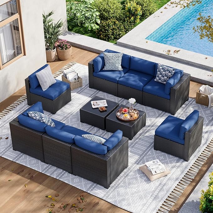 Aoxun 10 Piece Patio Furniture Set Wicker Rattan Patio Sectional Sofa Set Outdoor Seating Furniture with Thickened Cushion, Navy Blue