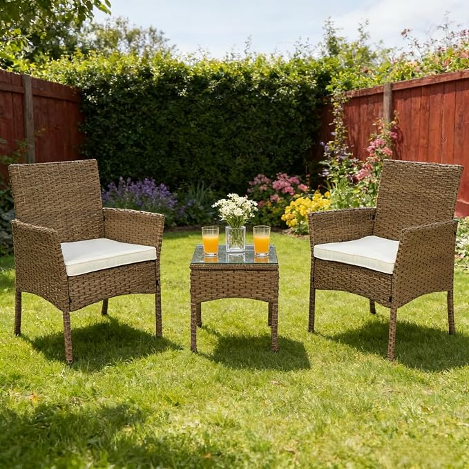 UNITED FLAMES 3-Piece Outdoor Wicker Bistro Set, PE Rattan Patio Chairs & Side Table with Cushions, Weather Resistant Conversation Set for Balcony, Porch, Garden (Beige)