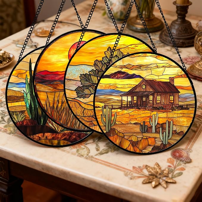 DASTOLL Stained Glass Window Hanging 4 Pcs Set Desert Sunset Theme Landscape Large 15" - Suncatcher Door Garden Sun Catcher Decor Birthday Christmas for Mom Woman Nana Men