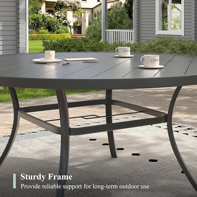 Outdoor Dining Set for 8, 60" Metal Round Outdoor Dining Table with Umbrella Hole and Sling Patio Swivel Chairs, 9 Pieces Patio Table and Chairs Set for Garden Backyard, Dark Blue and Black