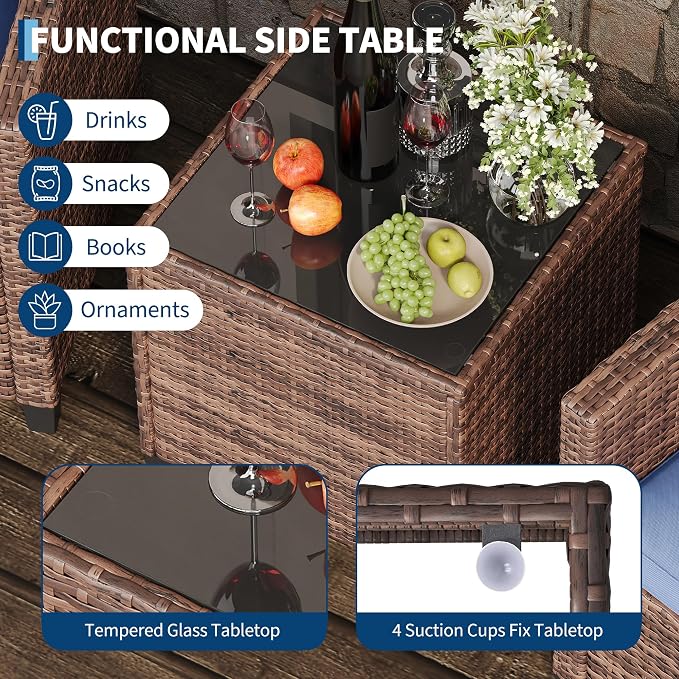Garvee Outdoor Wicker Chairs,3 Pieces Patio Furniture Set,All Weather High Back Rattan Chairs w/Washable Cushion and Tempered Glass Tabletop for Deck Porch Balcony Backyard Garden,Brown & Blue