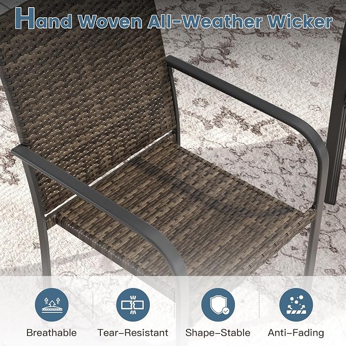 DIFY 7 Piece Outdoor Dining Set for 6, 47.2" Black Round Metal Dining Table with Umbrella Hole and Stackable Wicker Patio Chairs, All-Weather Patio Table and Chairs Set for Deck Garden Backyard