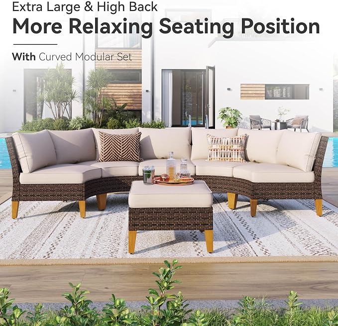 GREEN PARTY 8 Pieces Wicker Patio Furniture Set with 56" Fire Pit Table, All-Weather Outdoor Rattan Patio Half-Moon Curved Sectional Sofa Conversation Set for Garden, Backyard