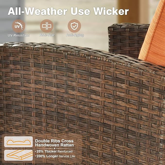 ovios 5 Pieces Patio Furniture Set, Outdoor Wicker Sofa Couch with Chairs Comfy Cushions, All Weather Brown Rattan Conversation Set for Backyard Deck Porch, Orange Red