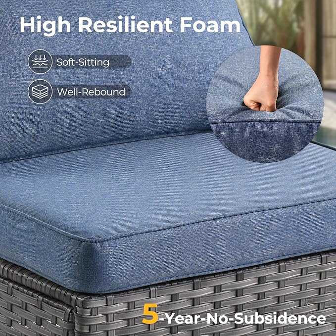 HOOOWOOO 7 Piece Patio Sectional Furniture Set,Modern Wicker Outdoor Conversation Sofa Sets,Weather Resistant Modular L Shaped Outside Couch Table Set(Denime Blue)