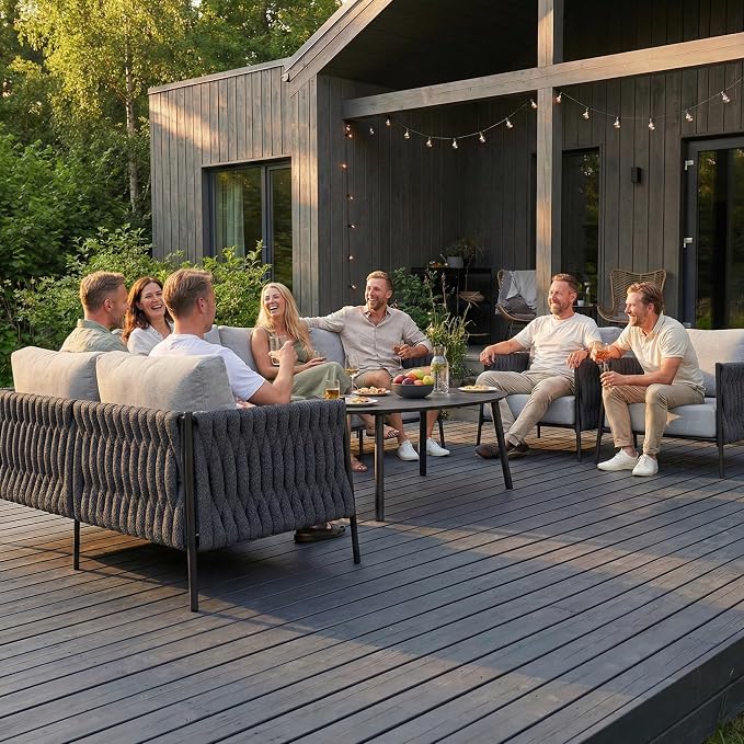 LayinSun 5 Piece Outdoor Furniture Set with Fire Pit Table, Modern Rope Woven Patio Conversation Sofa Set with Olefin Braid and Deep Seating