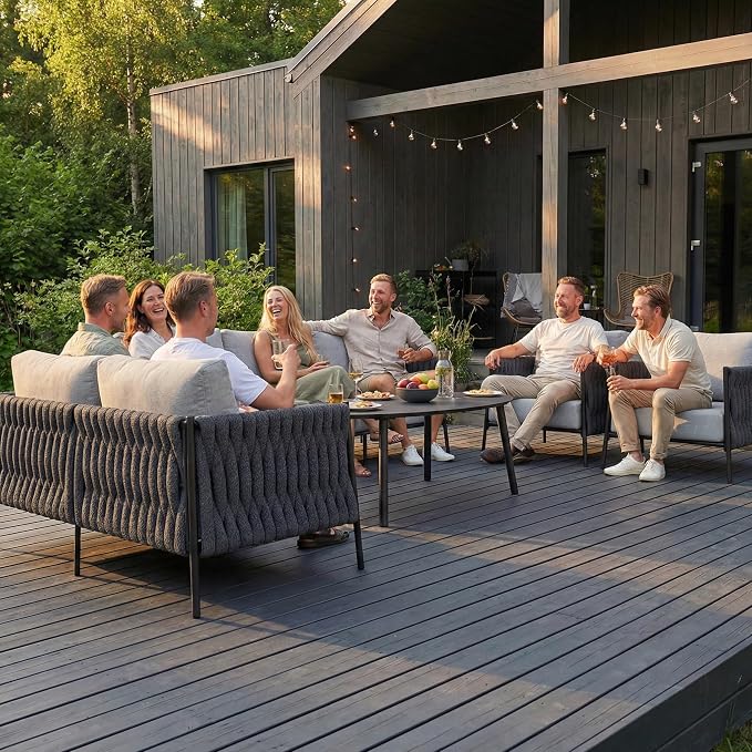 LayinSun 5 Piece Outdoor Furniture Set with Coffee Table, Modern Rope Woven Patio Conversation Sofa Set with Olefin Braid and Deep Seating