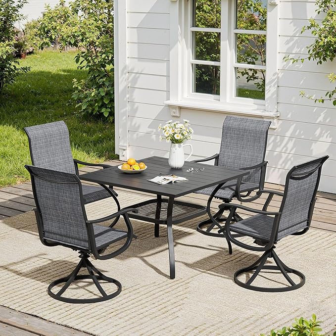 VICLLAX 5 Pieces Patio Dining Set, Outdoor Furniture Set of 4 Patio Swivel Dining Chairs and Square Patio Table with Umbrella Hole, Dark Charcoal Chairs & Black Tabletop