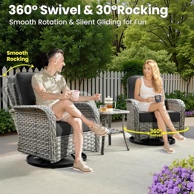 ovios 8-Piece Patio Furniture Set with L-Shape Sofa Chaise, Outdoor Sectional Couch Swivel Gliders Fire Pit Table, Modern Modular Wicker Rattan Conversation Set, Black