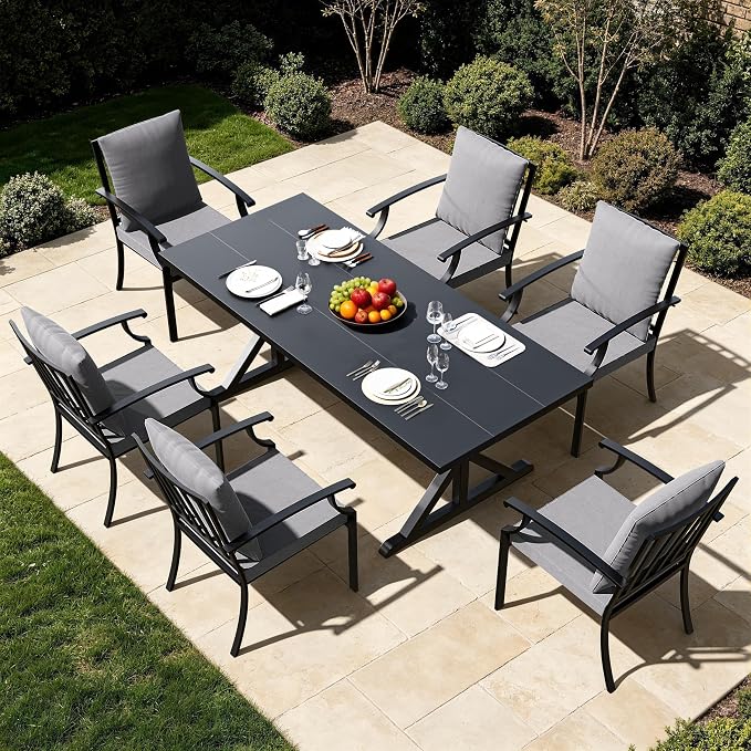 Kullavik 7 Pcs Outdoor Dining Set,Patio Dining Table and Chairs Set for 6,Fence Pattern Back Chairs with Thickened Cushions & X-Frame Metal Dining Table with Umbrella Hole for Patio,Grey