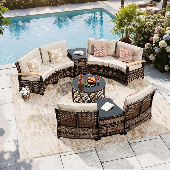 MEISSALIVVE 9-Piece Half-Moon Curved Outdoor Patio Furniture Set, Sectional Conversation Sofa with Wood Armrests, Coffee & Side Tables for Backyard Deck Garden,Beige