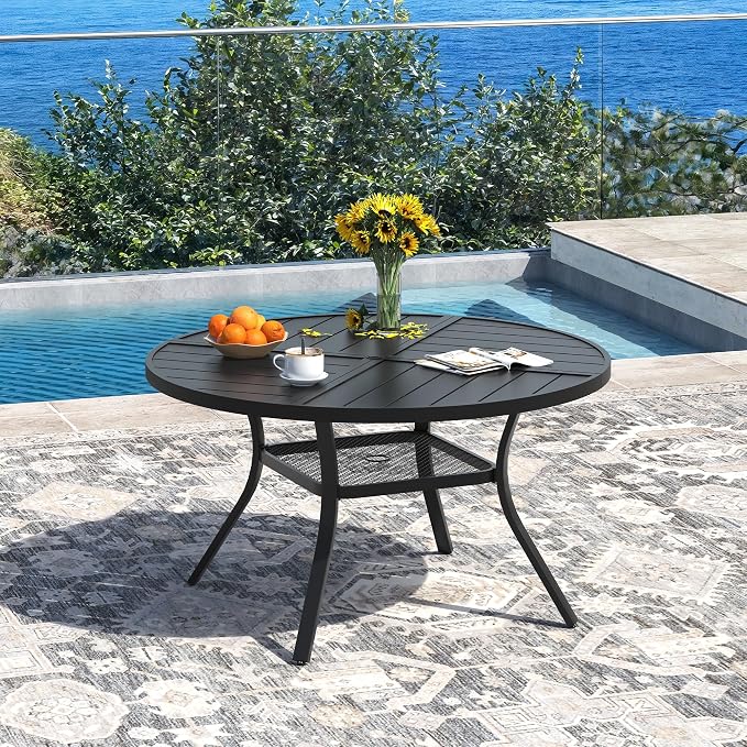 DIFY 5 Pieces Outdoor Dining Set, Metal Patio Table and Chairs Set for 4, 40.6" Round Dining Table with Umbrella Hole & Wicker Swivel Patio Chairs with Cushions, Black Tabletop