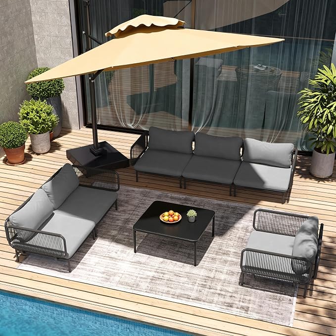 7-Piece Modern Outdoor Sectional Sofa with Coffee Table - 31" Deep Seating Patio Conversation Set, Weather-Resistant Low-Profile 11" Seat Height Lounge Seats for Deck, Porch & Backyard, Grey