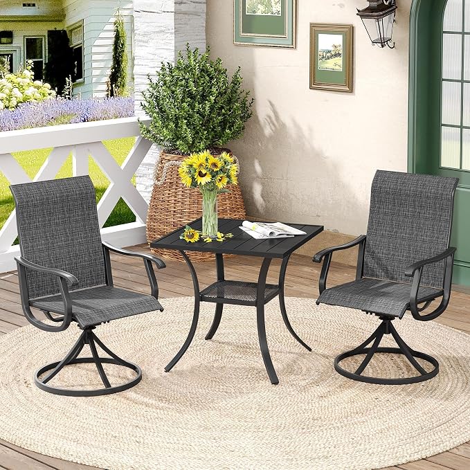 DIFY 3 Piece Outdoor Dining Set for 2, Patio Furniture Set with 27.6" Black Small Square Metal Dining Table & 2 Dark Grey Textilene Swivel Patio Chairs, for Garden Porch Deck