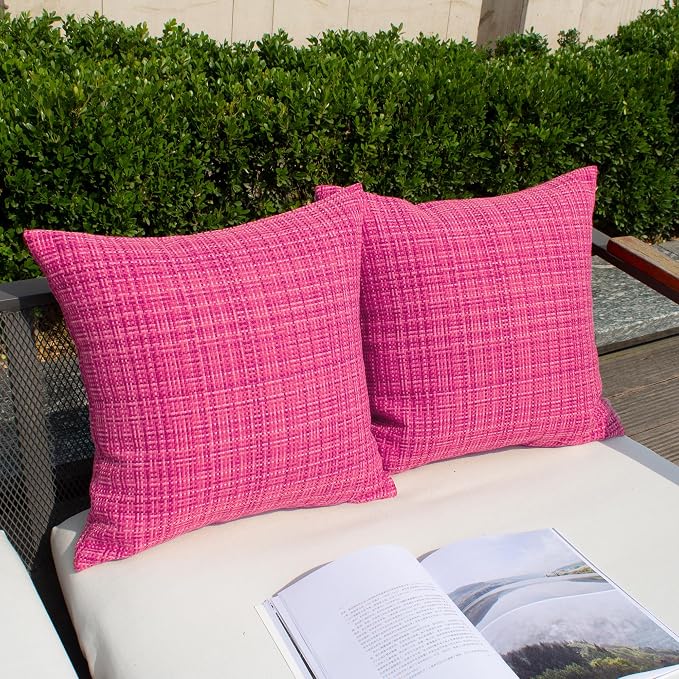 Kevin Textile Outdoor Waterproof 24x24 Inch Pillow Covers 2 Pack, Hot Pink | Water Resistant, Faux Linen Yarn-dyed, Woven Texture Euro Throw Pillow Covers for Tent Patio Garden Couch Sofa