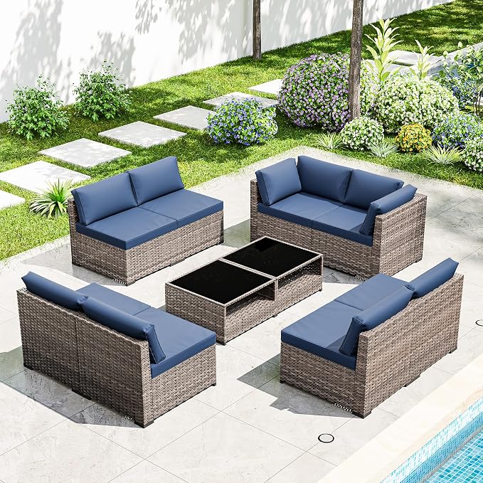 Joyside 10-Piece Patio Furniture Set, Rattan Outdoor Sectional Wicker Patio Conversation Set with Cushions and Coffee Table
