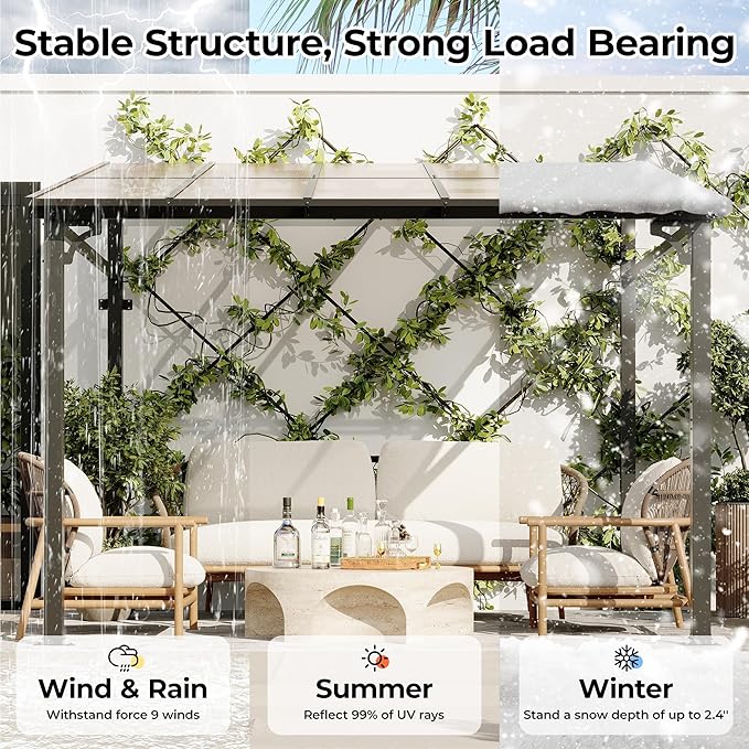 GarveeHome 10' x 10' Lean to Gazebo, Hard Top Outdoor Pergola with Roof, Gazebos Pergola on Clearance, Large Wall Mounted Heavy Duty Awnings for Patio, Backyard, Deck, Porch