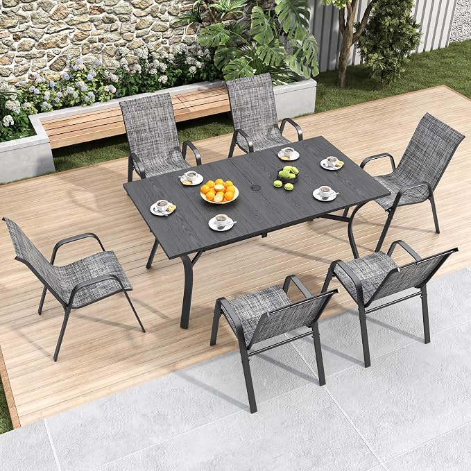 KEIKI 7-Piece Outdoor Patio Dining Set, Waterproof Patio Table and Chairs for 6, Rectangular Metal Table with Umbrella Hole for Lawn Garden Backyard, Blush+Grey