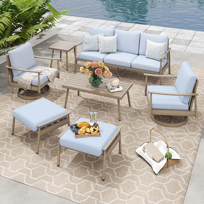 HAPPATIO Patio Outdoor Furniture Set - 7 Pieces Aluminum Outdoor Conversation Set Includes 1 Three-Seater Sofa, 1 Side Table, 1 Coffee Table, 2 Swivel Chairs and 2 Ottomans for Porch, Lawn (Brown)