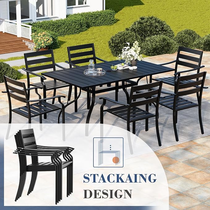 HOMREST 7 Piece Outdoor Patio Dining Set for 6, 63" Rectangular Metal Table with Umbrella Hole and Storage Shelf, Stackable Steel Chairs, Large Patio Furniture Set for Deck/Backyard/Poolside/Garden
