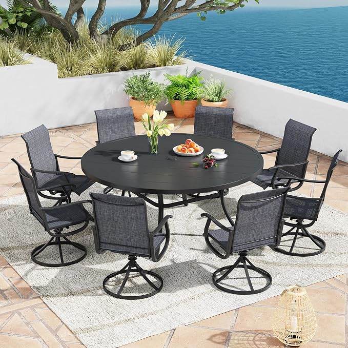9 Pieces Patio Furniture Dining Set, 8 Textilene Swivel Dining Chairs, 60" Outdoor Round Metal Table with 1.57" Umbrella Hole, Outdoor Dining Set for Porch, Lawn, Garden, Black/Black
