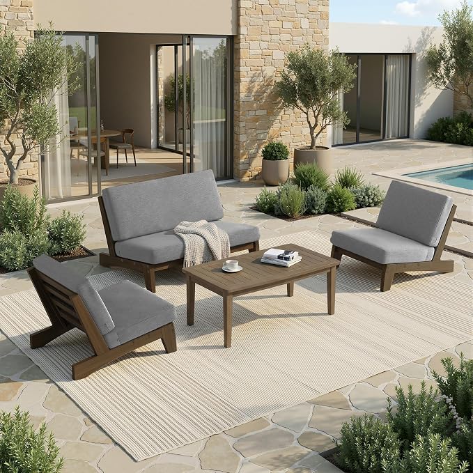 Pia Ricoo 4 Piece Patio Furniture Sets, Outdoor Furniture with 2 Chairs & Coffee Table, Patio Conversation Set for Backyard, Deck, Lawn, Gray
