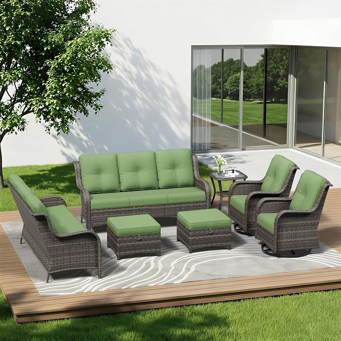 7 Piece Outdoor Wicker Patio Furniture Set, Outdoor Swivel Rocker Patio Chairs Set with Thickened Olefin Cushions, High Back and Deep Seating, Hand-Woven PE Rattan for Porch, Deck