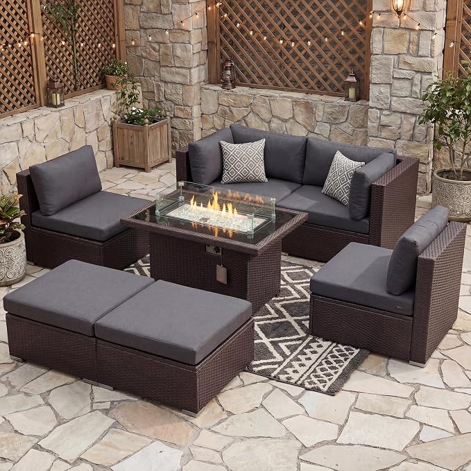 NICESOUL Extra Large Size Patio Furniture Set with Firepit Natural Gas/Propane, 6 Seater Modern Luxury Outdoor Sofa Set, 29.3'' High Backrest Backyard Sitting, Brown Rattan and Dark Grey Cushion