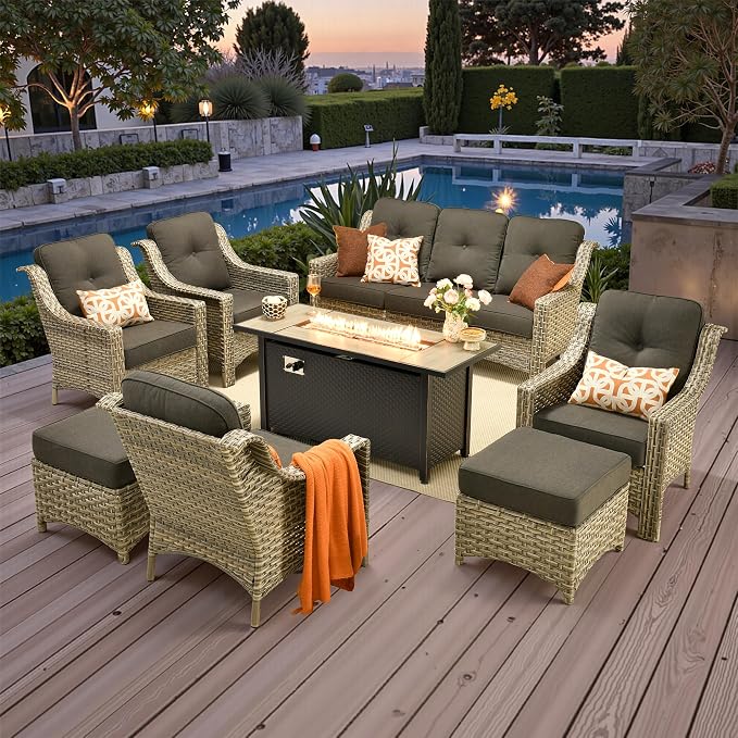 Outdoor Patio Furniture Sets, 8 PCS Patio Conversation Set Outside Rattan Sofa with 54 in Fire Pit Table Comfy Cushions Fit Backyard Porch Garden Poolside Balcony,Black