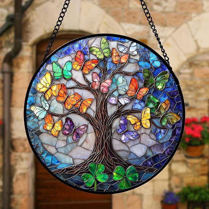 DASTOLL Stained Glass Window Hanging, Butterfly Tree Clover Sun Catchers Glass Panel Blue Suncatcher Decor for Birthday for Women, Men, Wife, Aunt, and Mom 9.8 in
