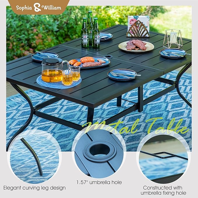 Sophia & William Patio Set with Umbrella 8 Pieces Outdoor Dining Set for 6 with 13ft Double-Sided Umbrella Navy Blue, 6 x Swivel Patio Chairs, 1 Metal Table for Lawn Garden (No Umbrella Base)