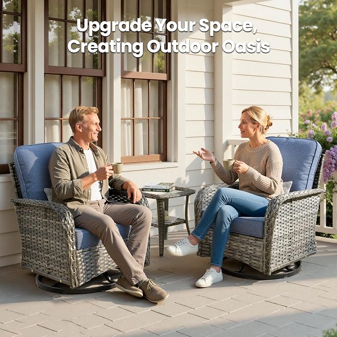 6 Piece Patio Swivel Rocker Chairs Set with Side Table, Denim Blue | High Back Deep Seating, All Weather Wicker, Outdoor Glider Chair Set, Porch Deck Backyard Balcony Furniture