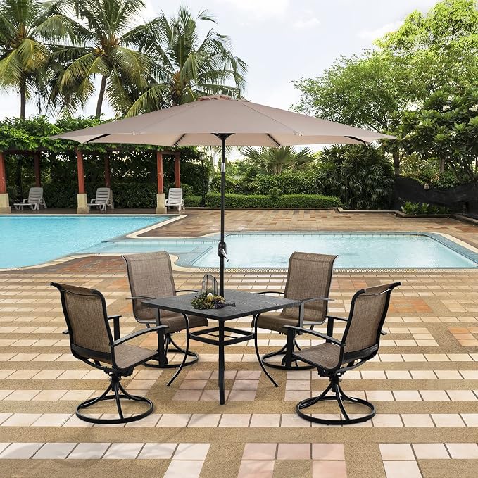 Grand patio Outdoor Dining Set of 5, Outdoor Table and Chairs Set, 4 Padded Mesh Sling Swivel Rocker Patio Chair & 36'' x36'' Square Dining Table(1.5'' Umbrella Hole), Mixed Coffee