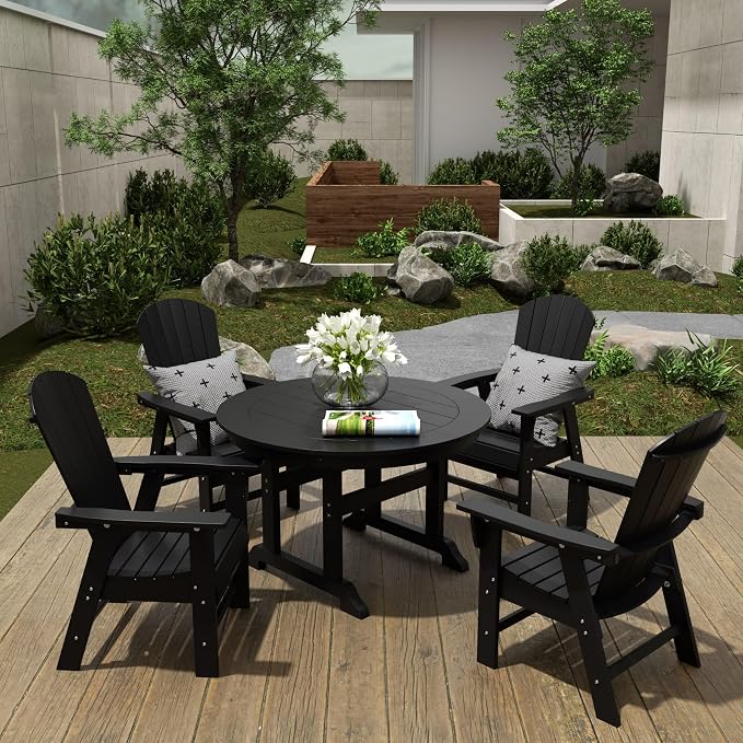 WestinTrends Dylan Adirondack Outdoor Dining Set for 4, All Weather Poly Lumber Patio Table and Chairs Set of 4, 47" Trestle Round Dining Table and Seashell Adirondack Dining Chair, Black
