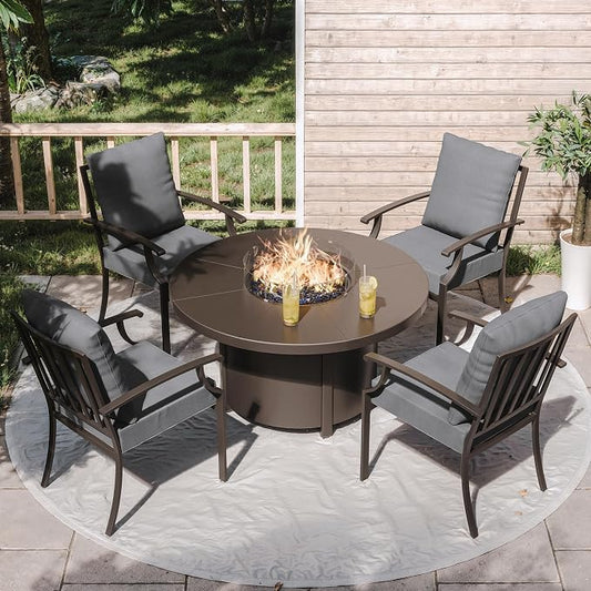 ALAULM 5-Piece Outdoor Dining Set for 4 Metal Outdoor Patio Furniture with 40000 BTU Round Fire Pit Table for Patio, Backyard, Garden-Grey